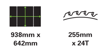 938mm x 642mm table size and 255mm blade